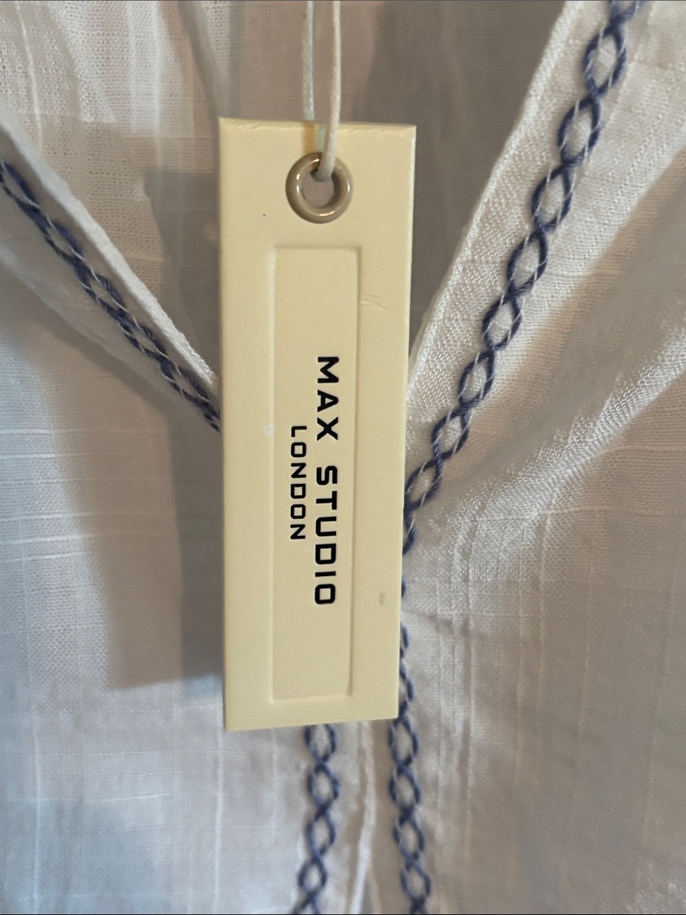 Max Studio White Peasant Blouse with Blue Floral Sleeve Embroidery - Picture 3 of 13